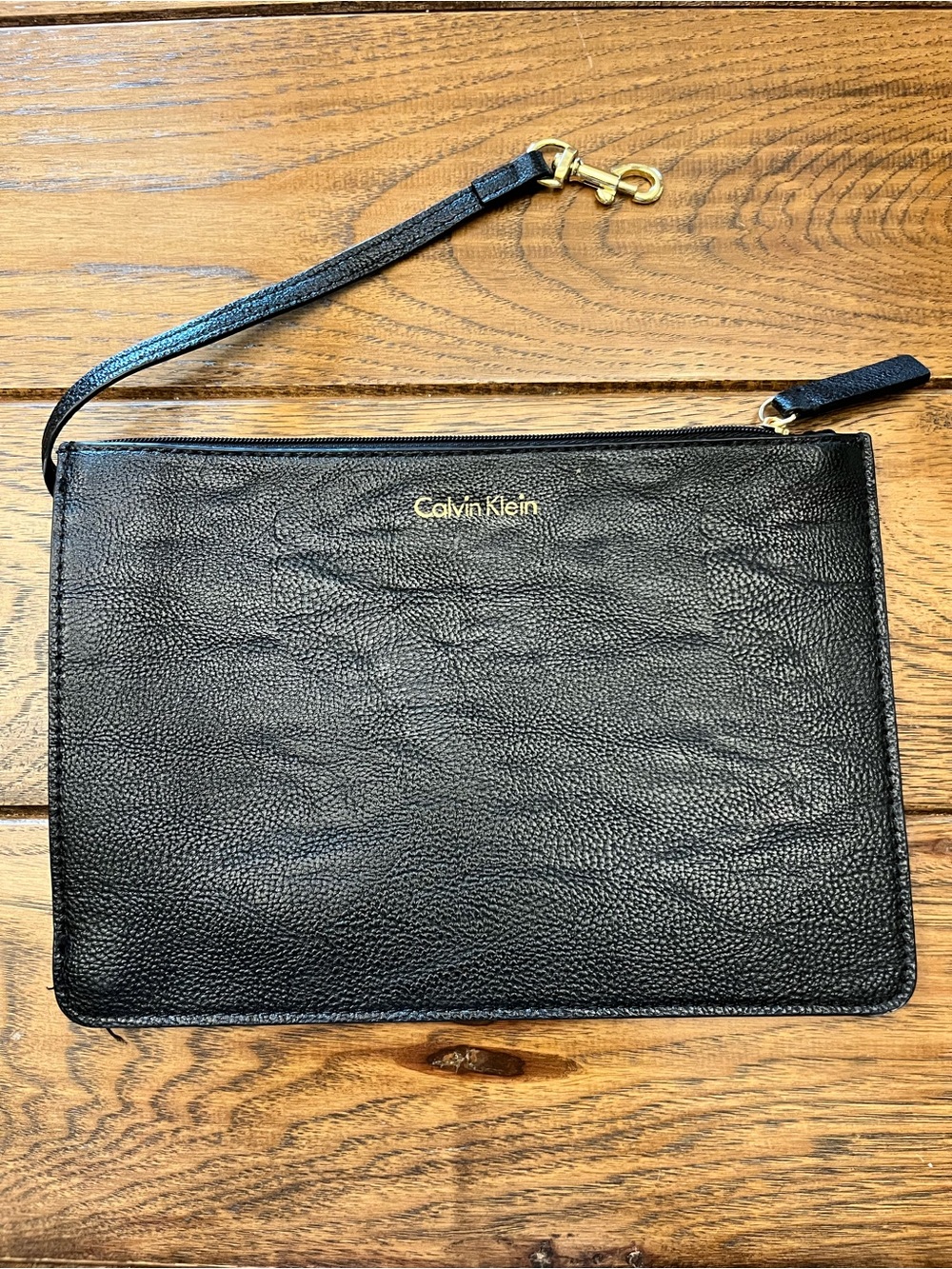 Calvin Klein Black Leather Wristlet Clutch with Gold Logo